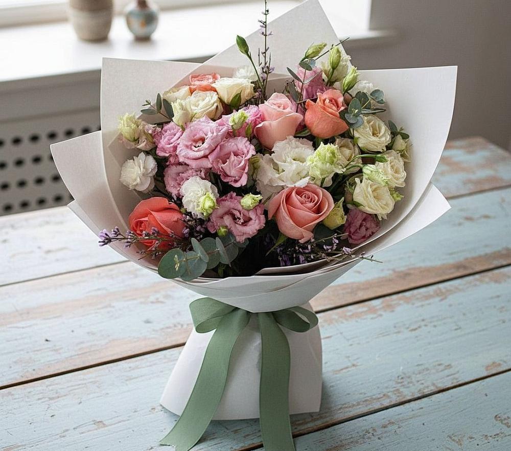 Букет цветов из: Розы, Лизиантусы и Гвоздики в Волот