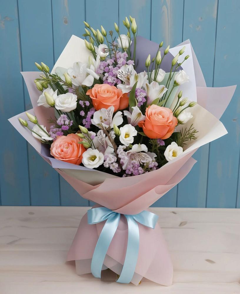Букет цветов из: Лизиантусы, Розы, Альстромерии и Гипсофила в Волот